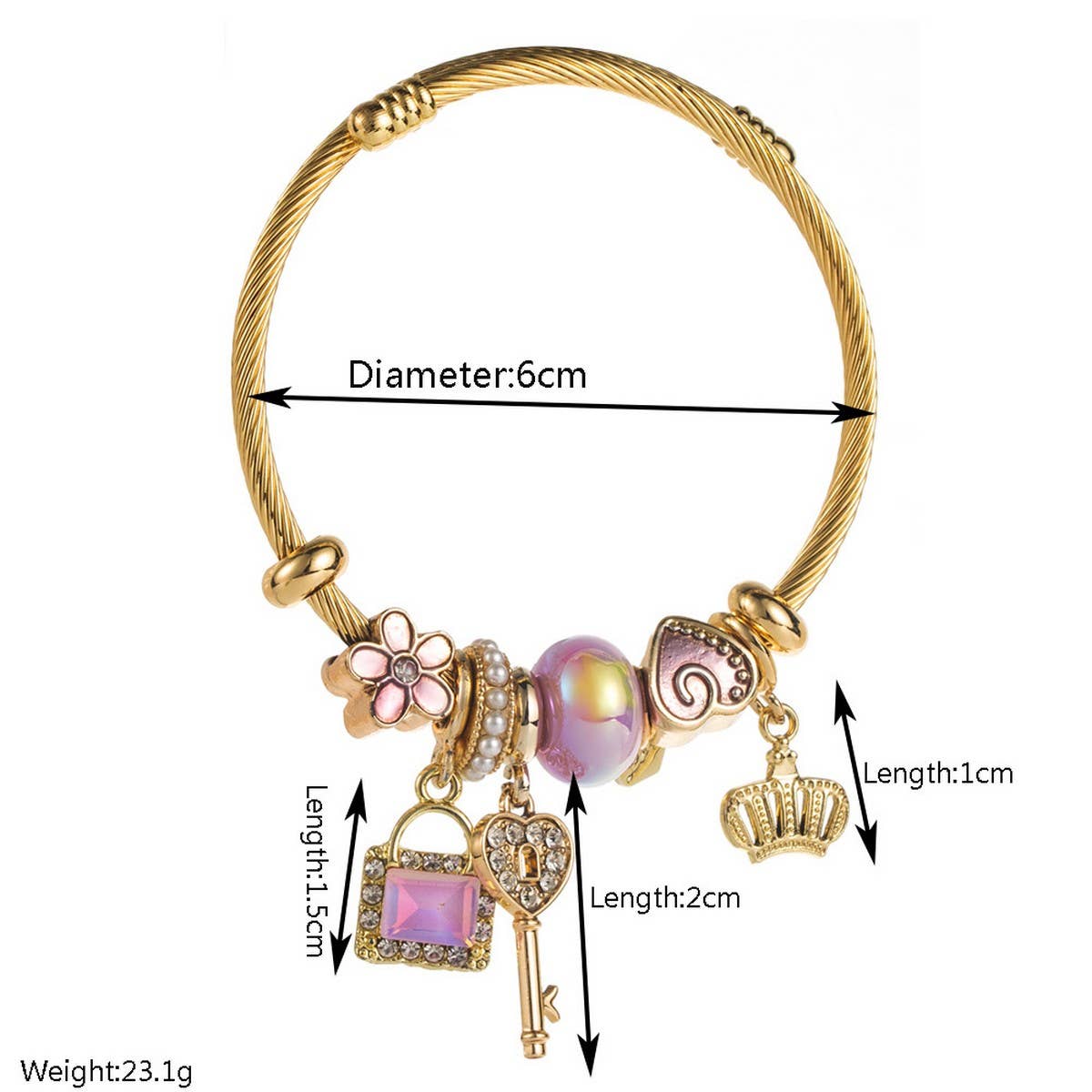 ADJUSTABLE GOLD BRACELET WITH CROWN KEY HEART_CWMM8565