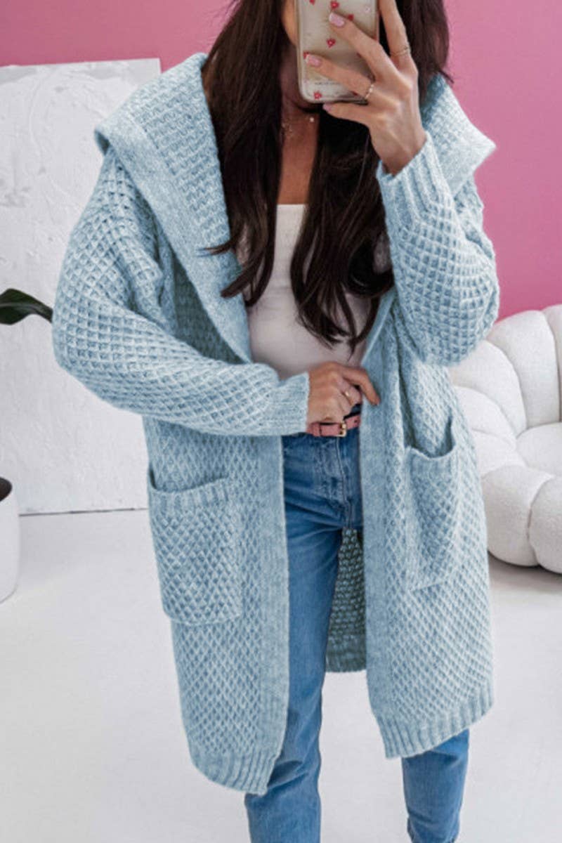 Cwocal00570_Loose Hooded Pocket Long Knit Cardigan
