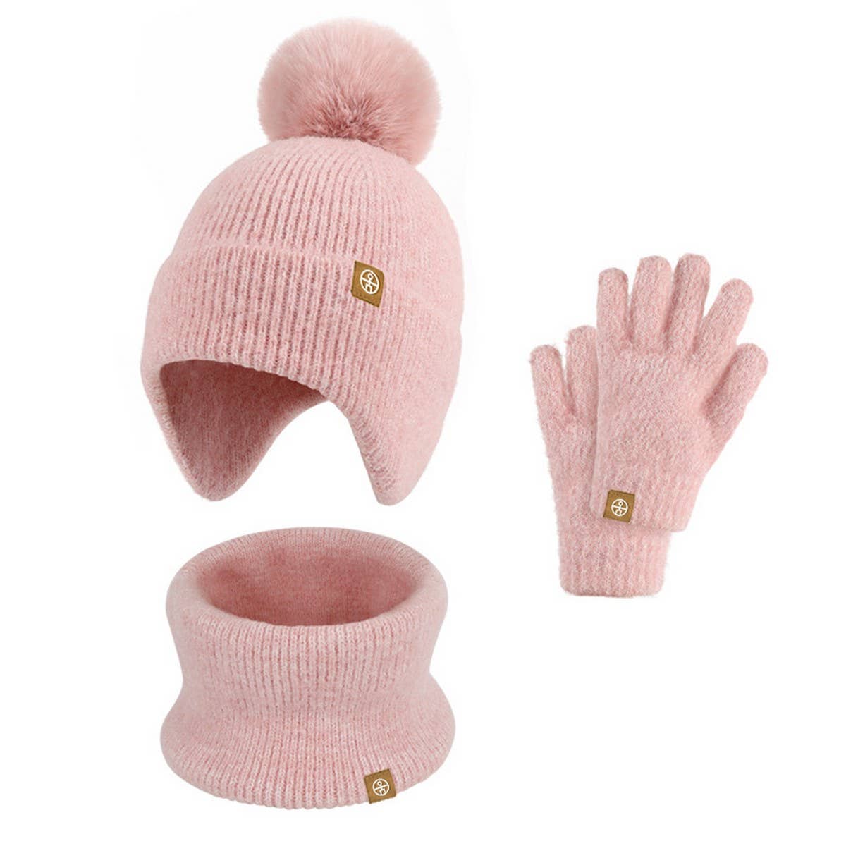 KNITTED POM POM EARMUFF HAT THREE PIECE SET_CWMM2804