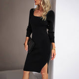 U-Neck Knit Style Slim-Fit Skirt With Hip Wrap