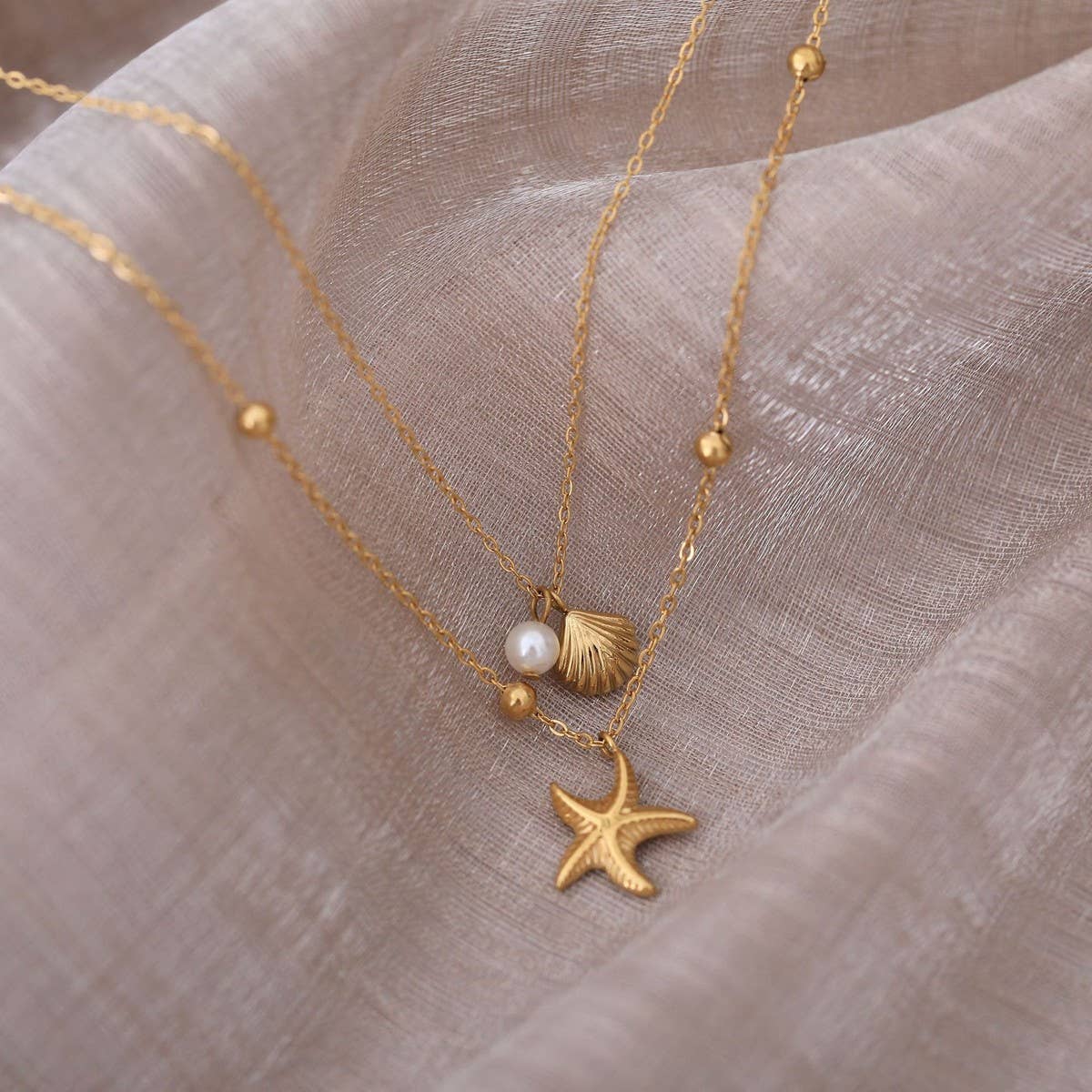 SUMMER DOUBLE STARFISH SHELL NECKLACE_CWMM5549