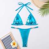 Tie Side Bikini Set Shiny Solid Color Swimsuit