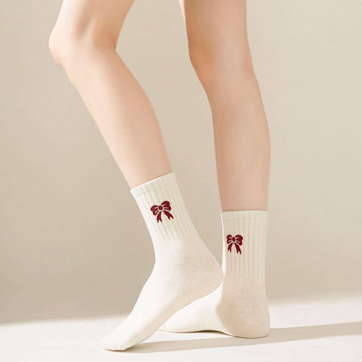 RED BOW COTTON CREW SOCKS FOR WOMEN STRIPED_CWMS1371