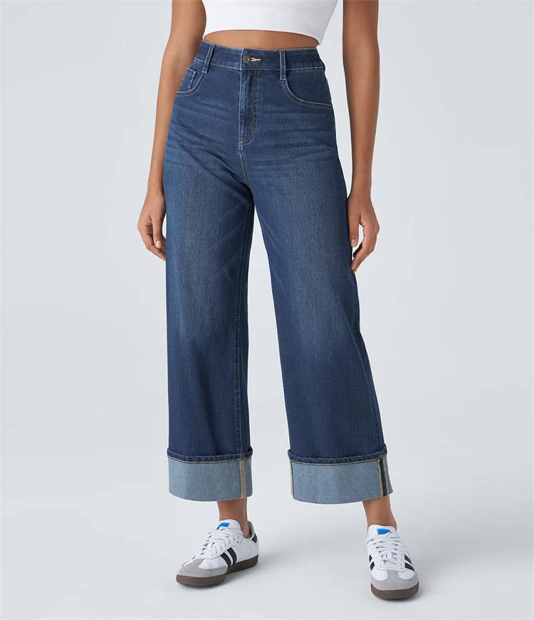 Vintage High-Waist Rolled Hem Wide-Leg Jeans