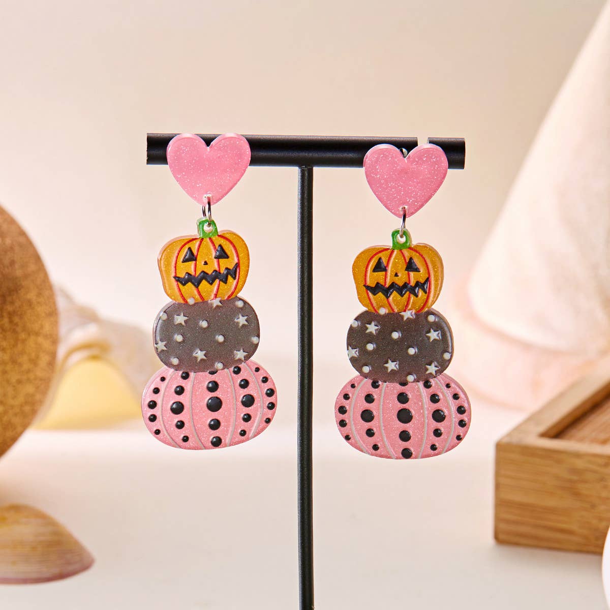 HALLOWEEN FUNNY PUMPKIN BAT LEAF EARRINGS_CWAJE2421