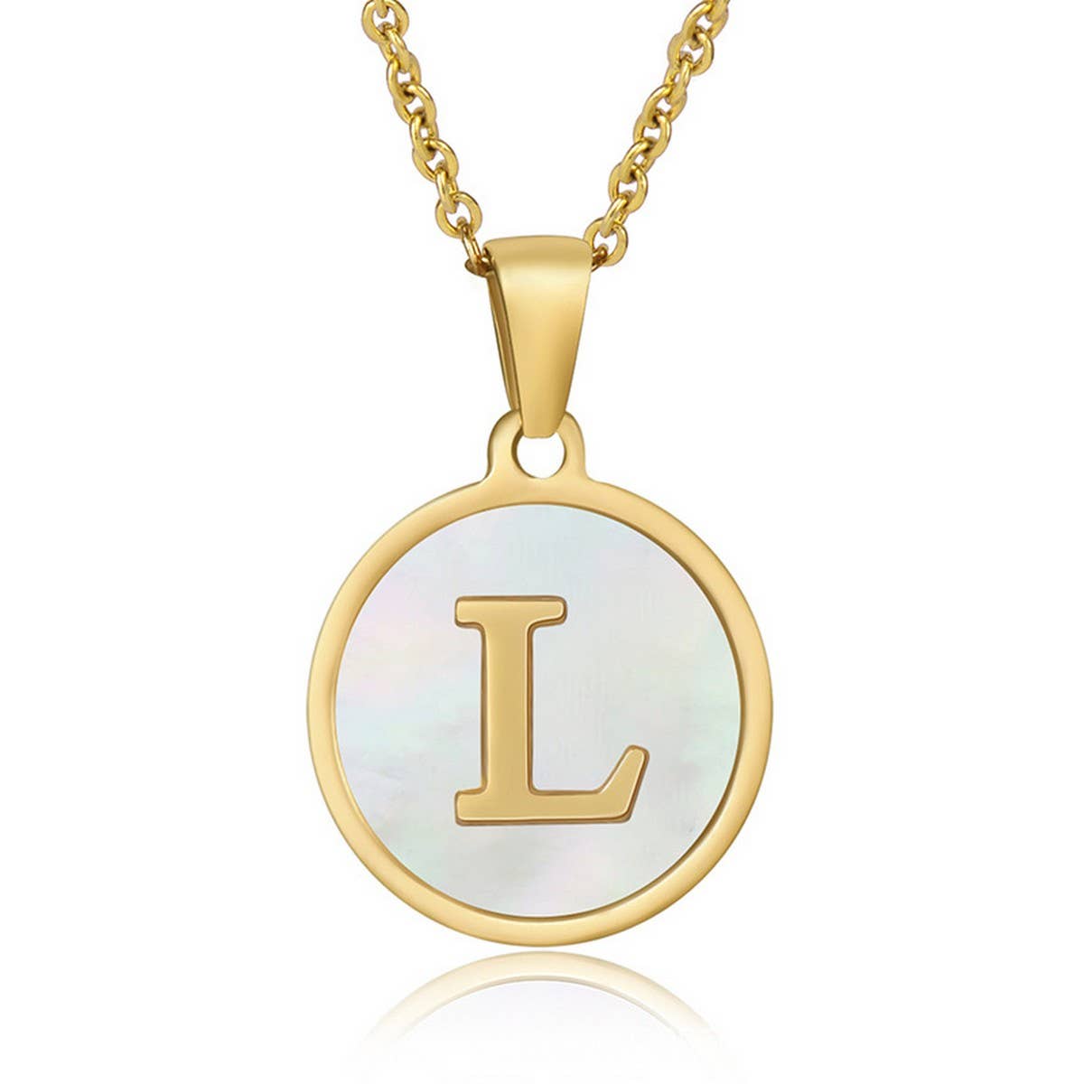 Cwaje1934_Round Stainless Steel White Shell Letter Necklace