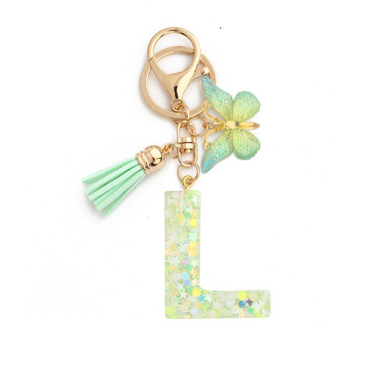 GREEN BUTTERFLY RESIN LETTER KEYCHAIN WITH GLITTER_CWAB5079