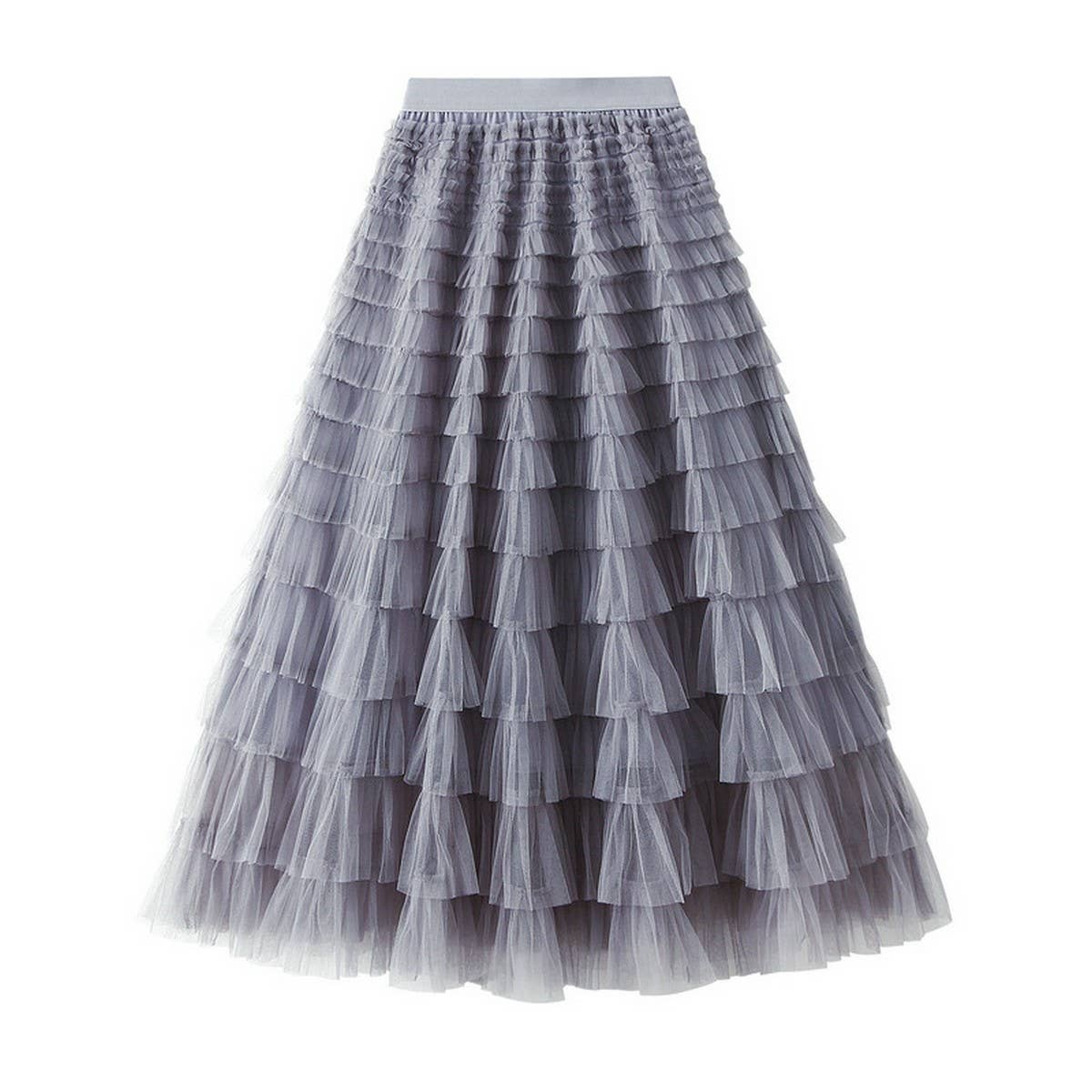 White Tulle Tiered Pleated A-Line Maxi Skirt_Cwbms0369