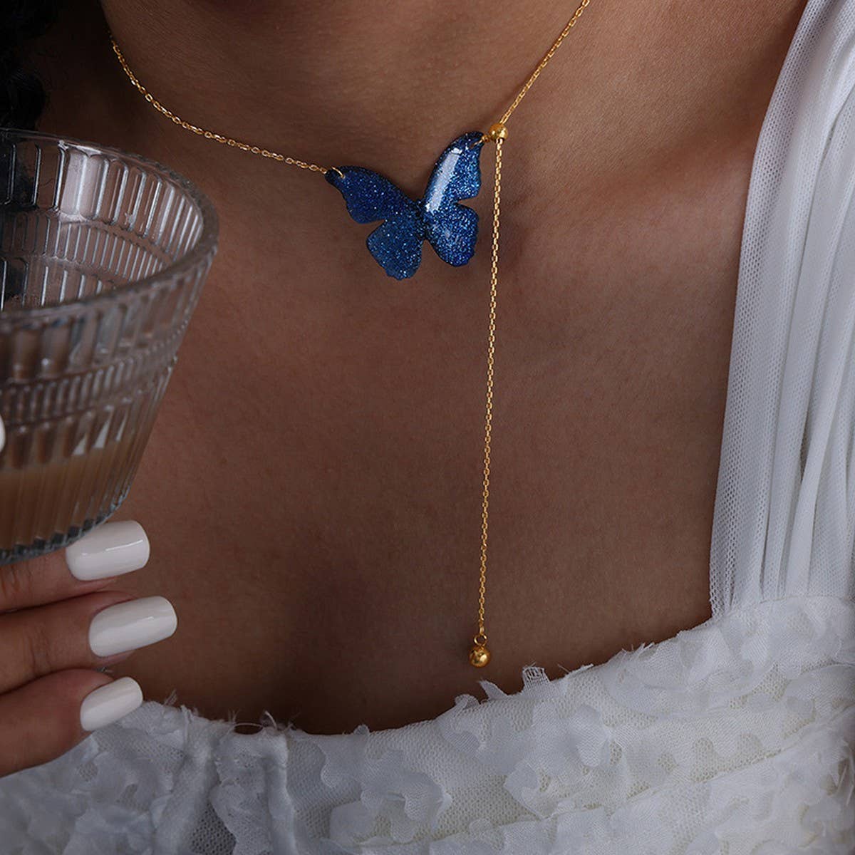 BLUE BUTTERFLY TITANIUM STEEL NECKLACE EARRINGS_CWAJE1085