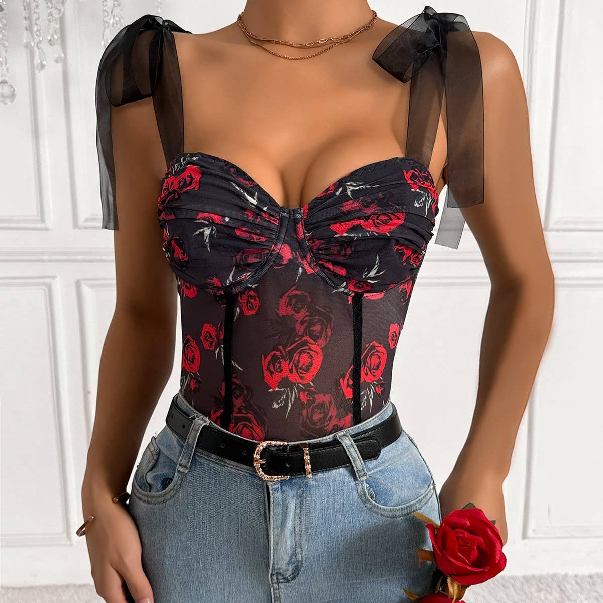 MESH PRINT SEXY FLOWER UNDERWIRE BODYSUIT_CWMM4657