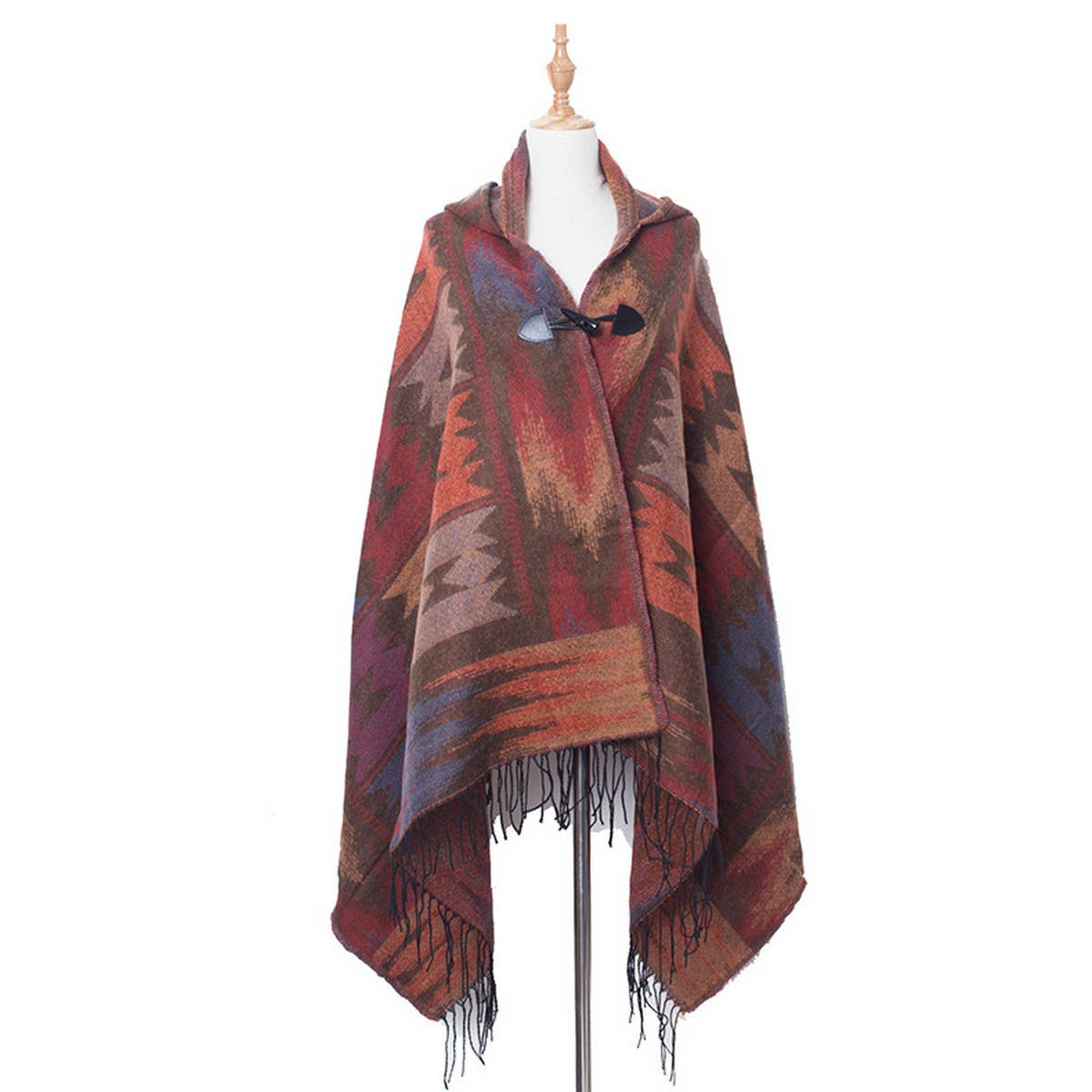 HORN BUTTON BOHEMIAN HOODED CAPE SHAWL_CWASC1201