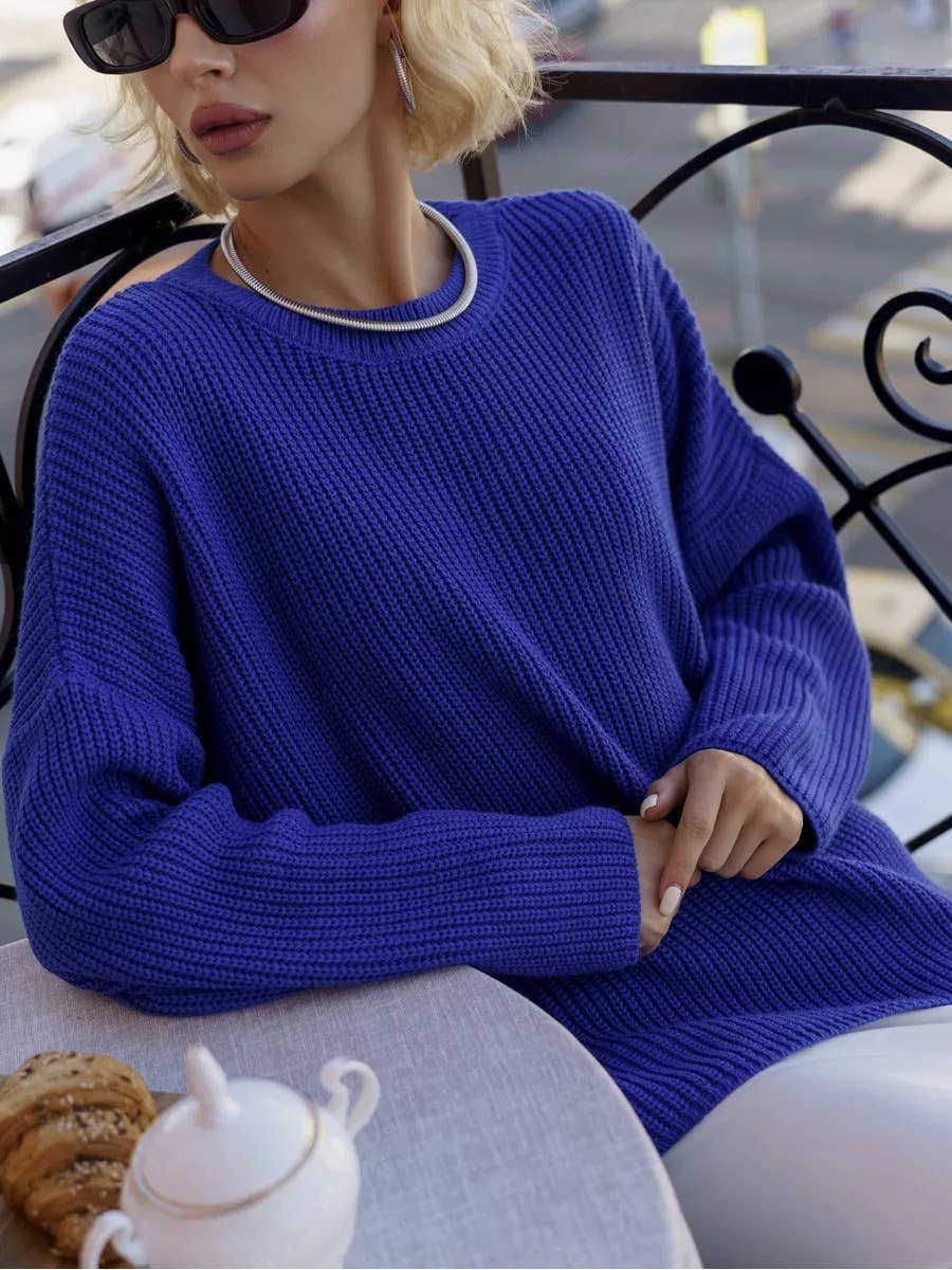 Solid Color Crew Neck Loose Knit Sweater