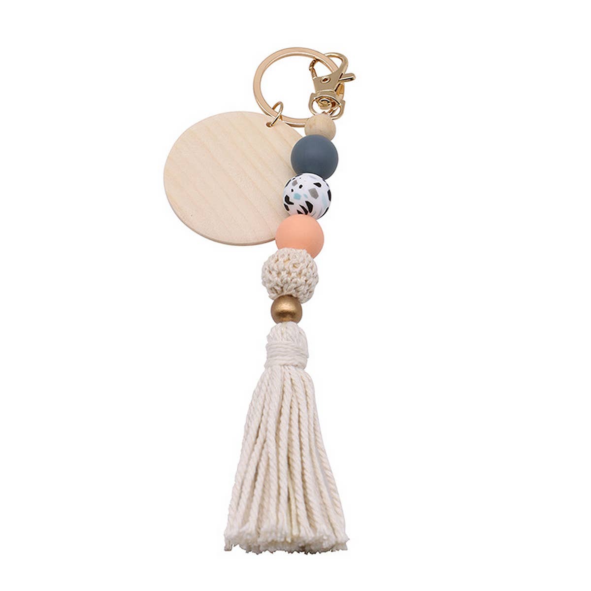 ROUND WOODEN BEADED TASSEL KEYCHAIN_CWMM1560