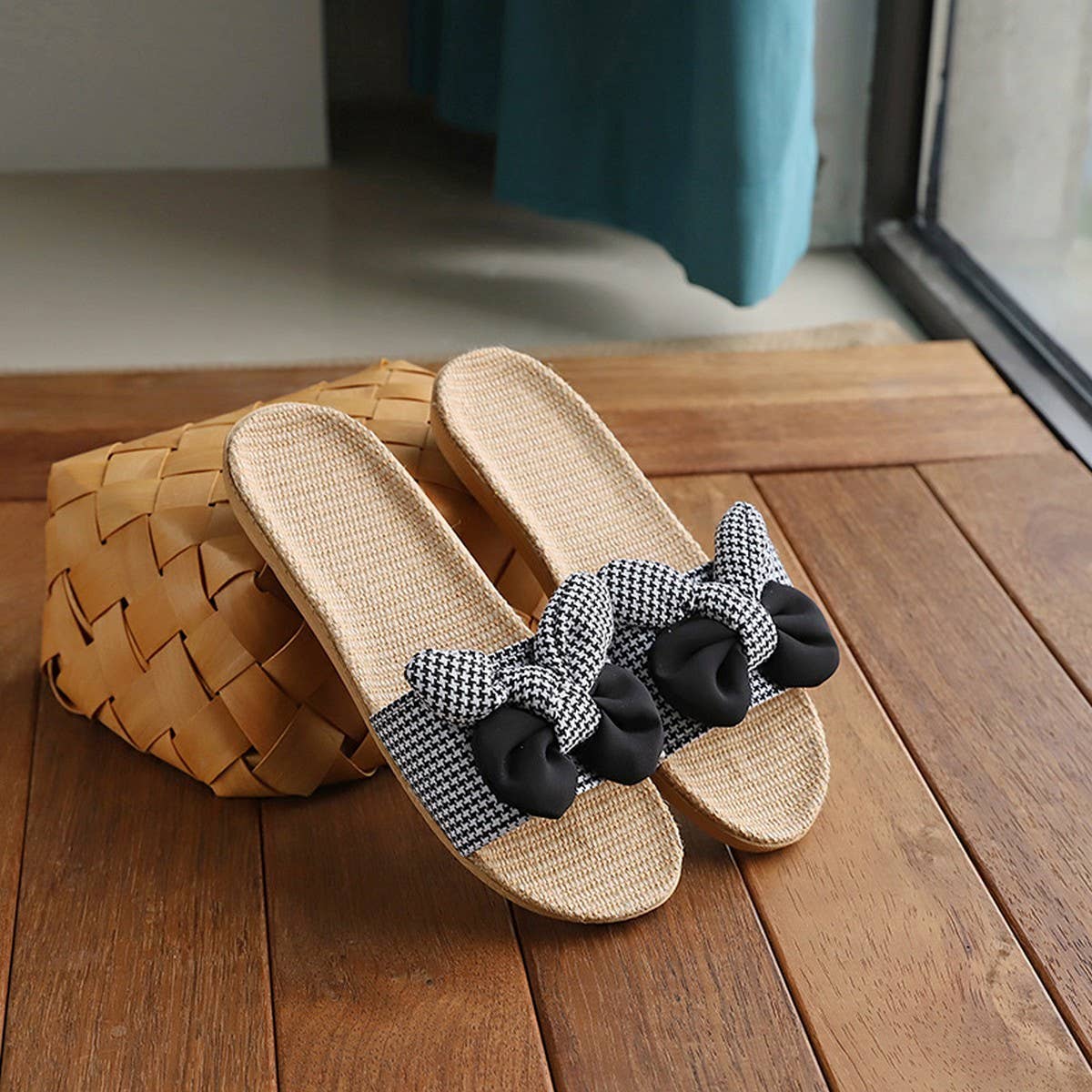 KOREAN STYLE LINEN BOW SLIPPERS FOR SUMMER_CWSHF0179