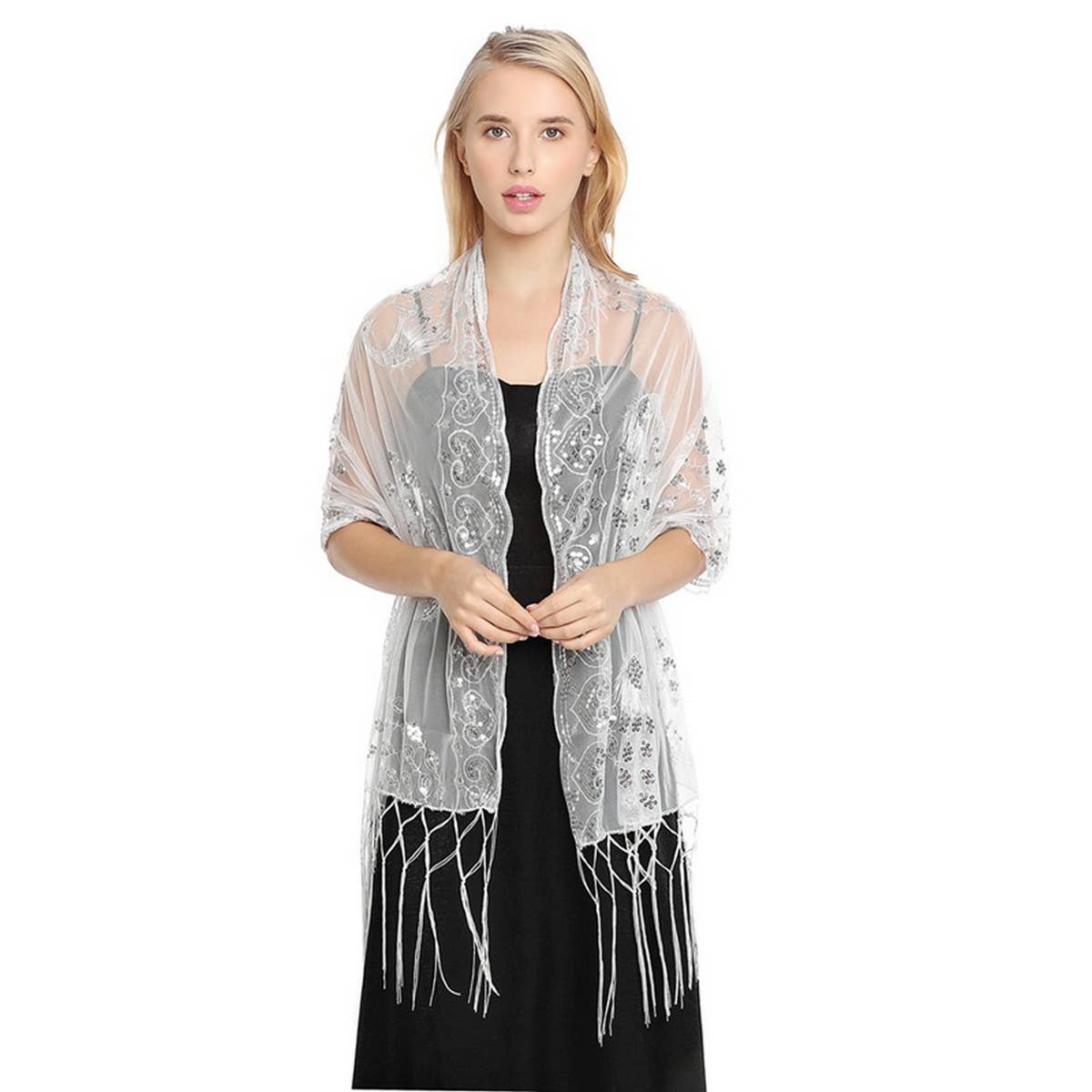 PEACOCK EMBROIDERED SEQUINED TASSEL CAPE_CWASC1077