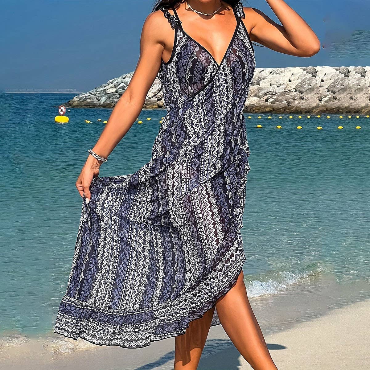FLORAL PRINT BEACH DRESS RUFFLED HEM SUNPROTECTION_CWBLS0460