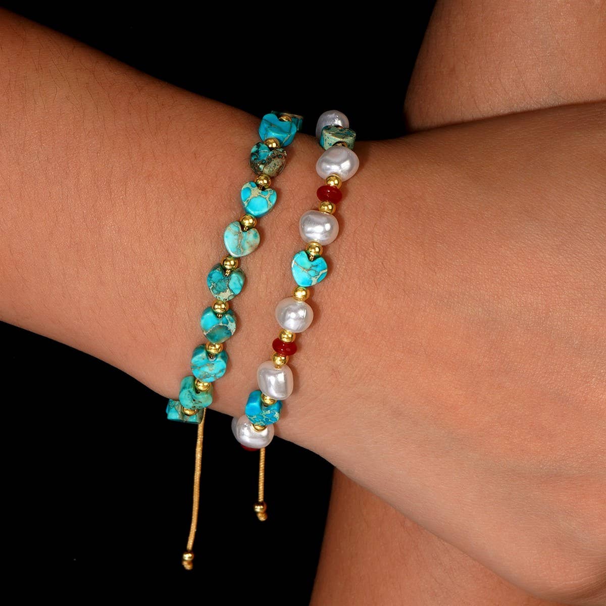 SEMI PRECIOUS STONE IMITATION PEARL HEART BRACELET_CWMM3814