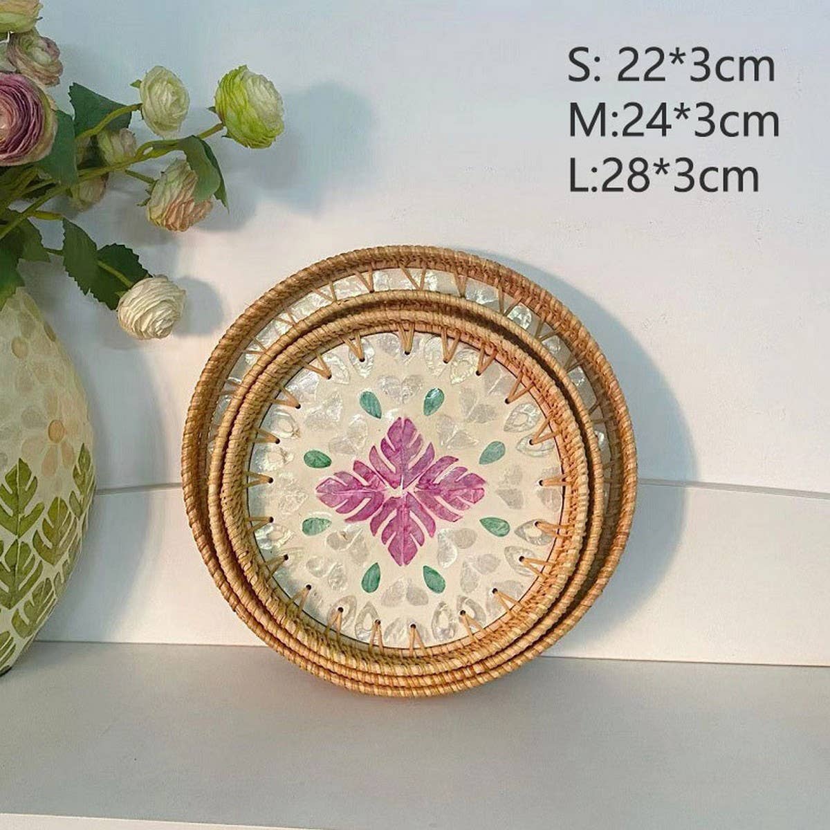 RATTAN COLORFUL SHELL FRUIT TRAY THREE PIECE SET_CWMM4428