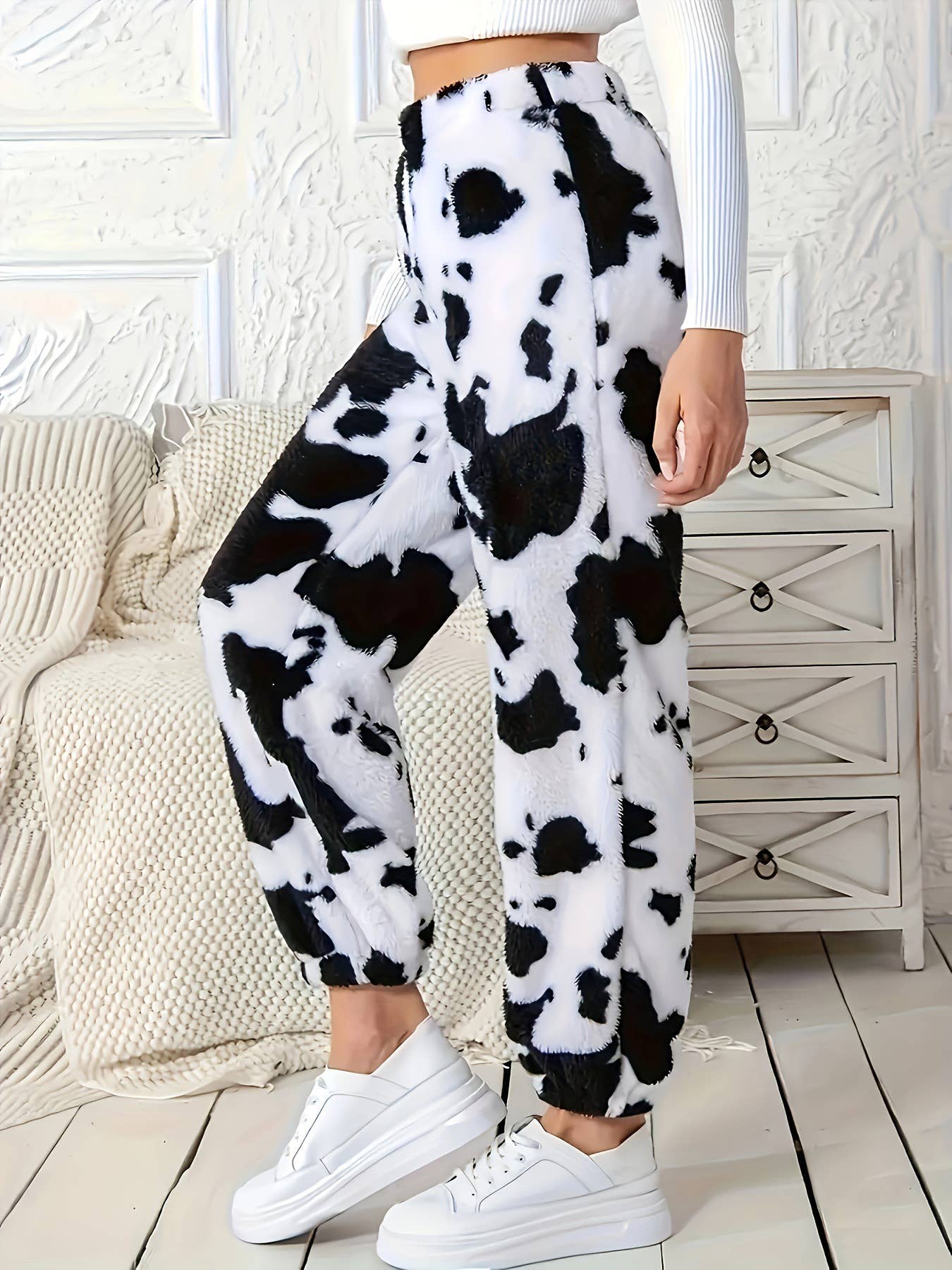 Womens Loose Stylish Plush Pants With Cow Print