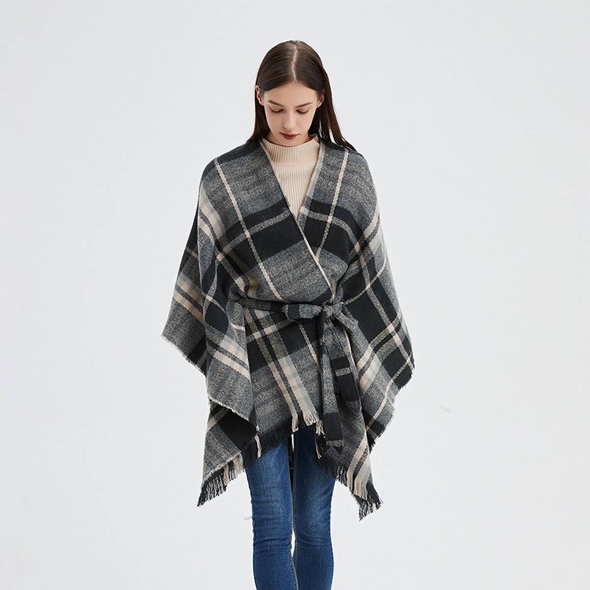 BLACK AND WHITE LINE CARDIGAN SHAWL CLOAK_CWASC0264