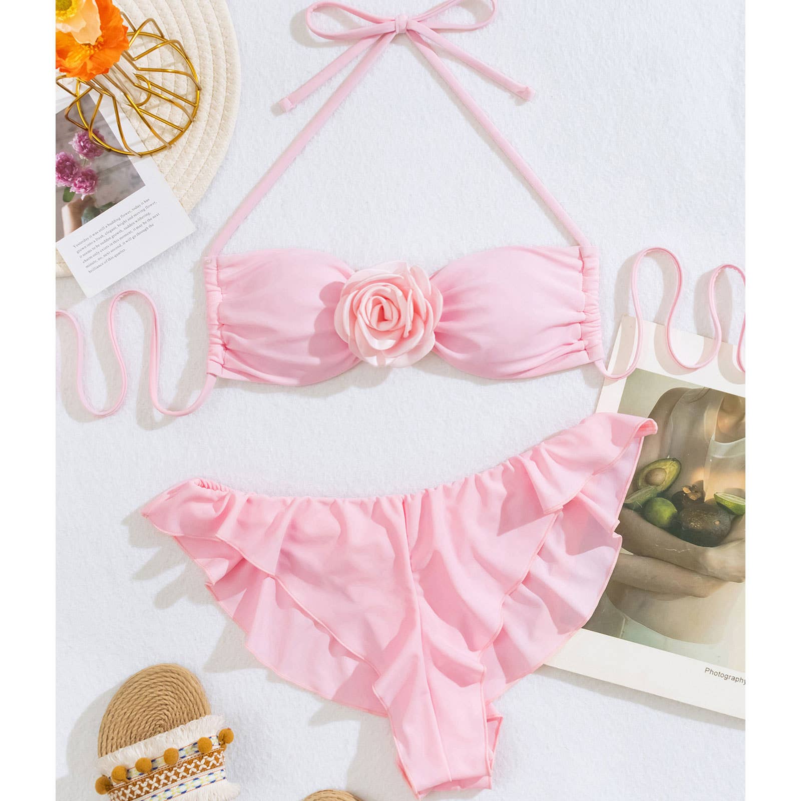 Womens 3D Floral Bikini Set Pink Nylon Swimsuit