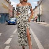 Zebra-Print Waistline Dress With Split Neck
