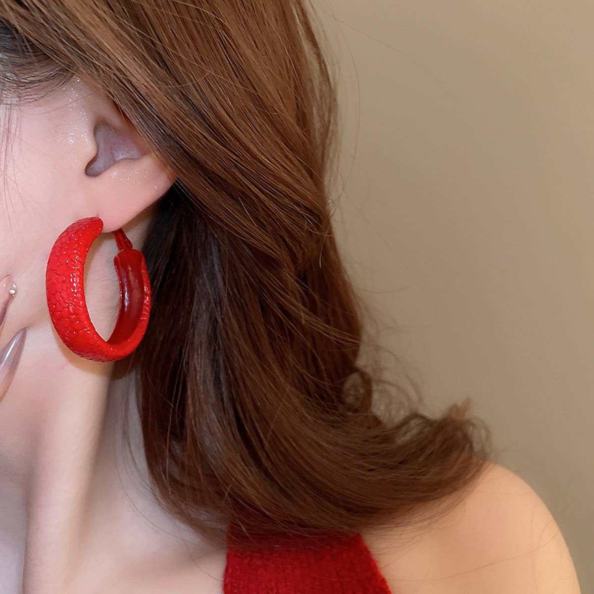 RED POLKA DOT GEOMETRIC RETRO ROUND EARRINGS_CWAJE2454
