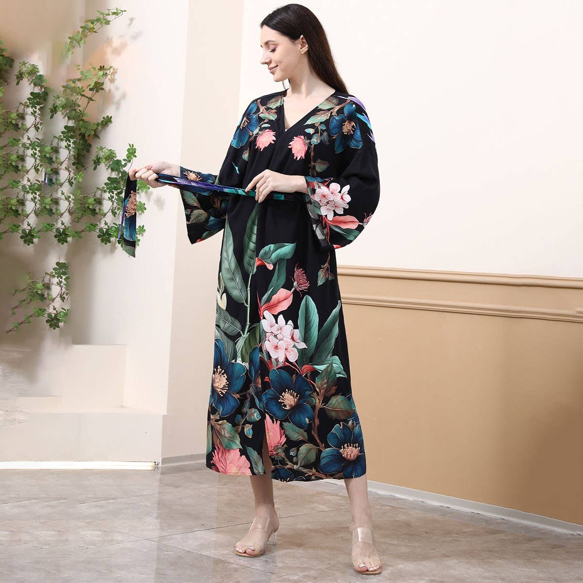 PEACOCK PRINT RAYON BEACH COVER UP CARDIGAN_CWMM6312