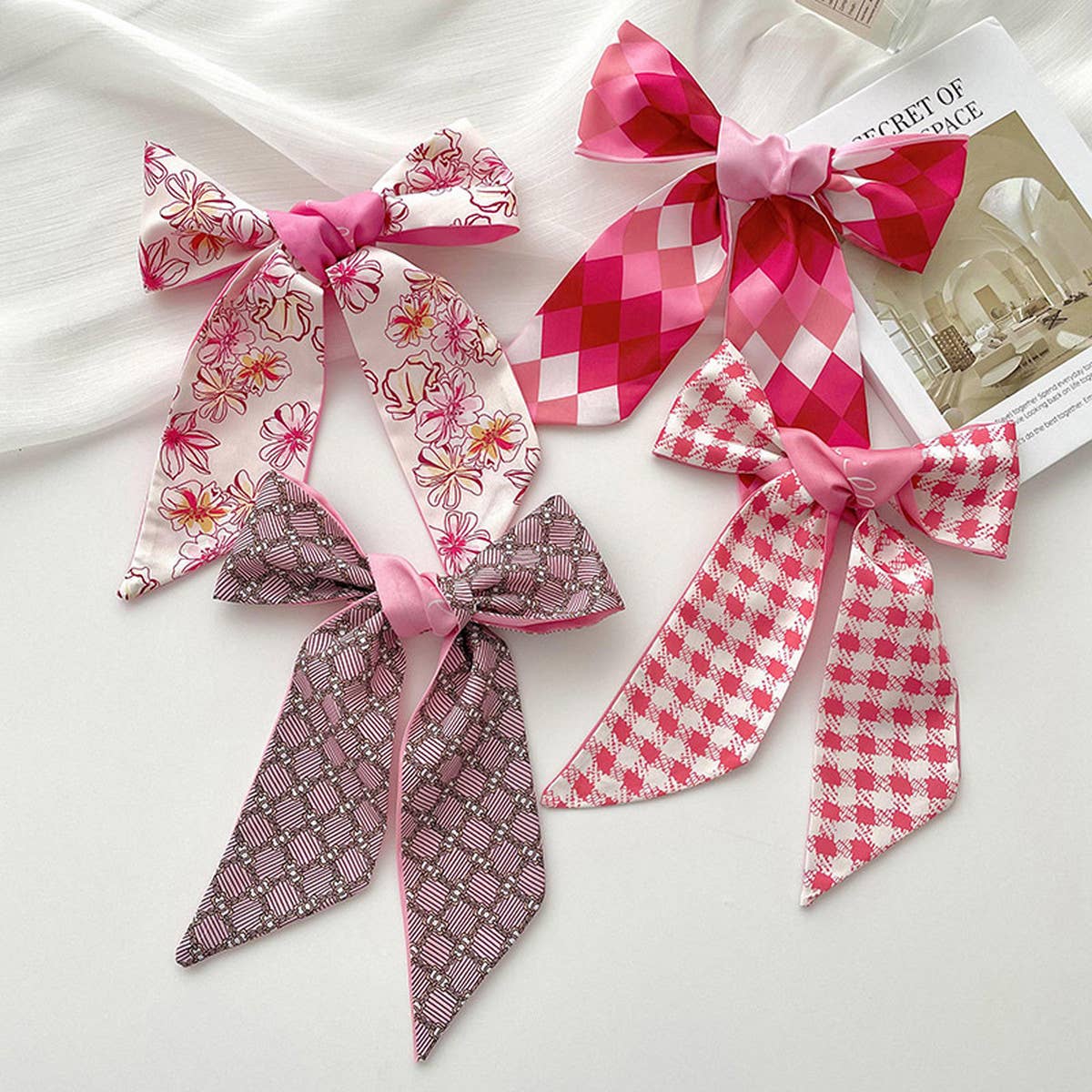 PINK FLORAL SKINNY SCARF HAIR TIE BAG RIBBON_CWASC0708