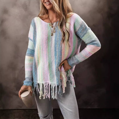 Stylish Lady With Fringe Patchwork Sweater