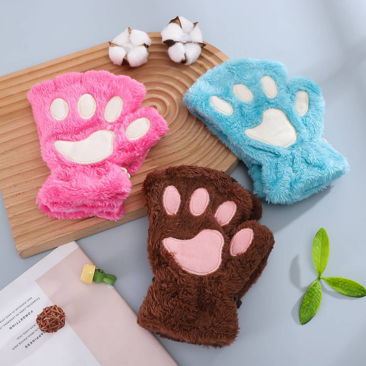 CARTOON CAT PAW BEAR PAW PLUSH HALF FINGER GLOVES_CWAG0175