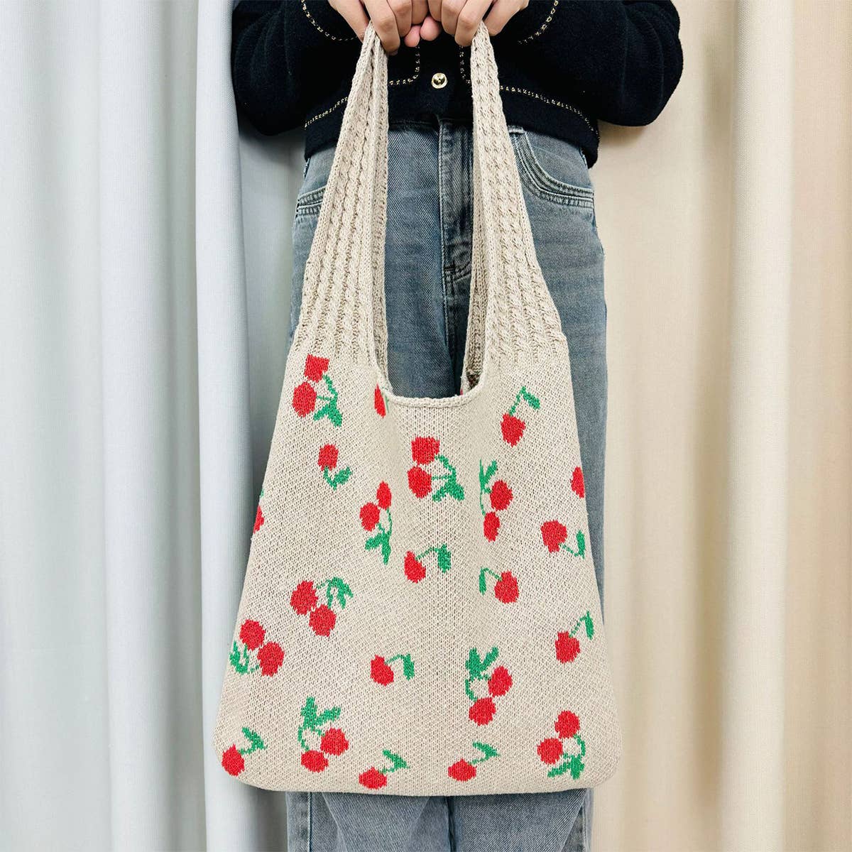 Cwab5062_Large Capacity Knitted Bow Woven Tote Bag