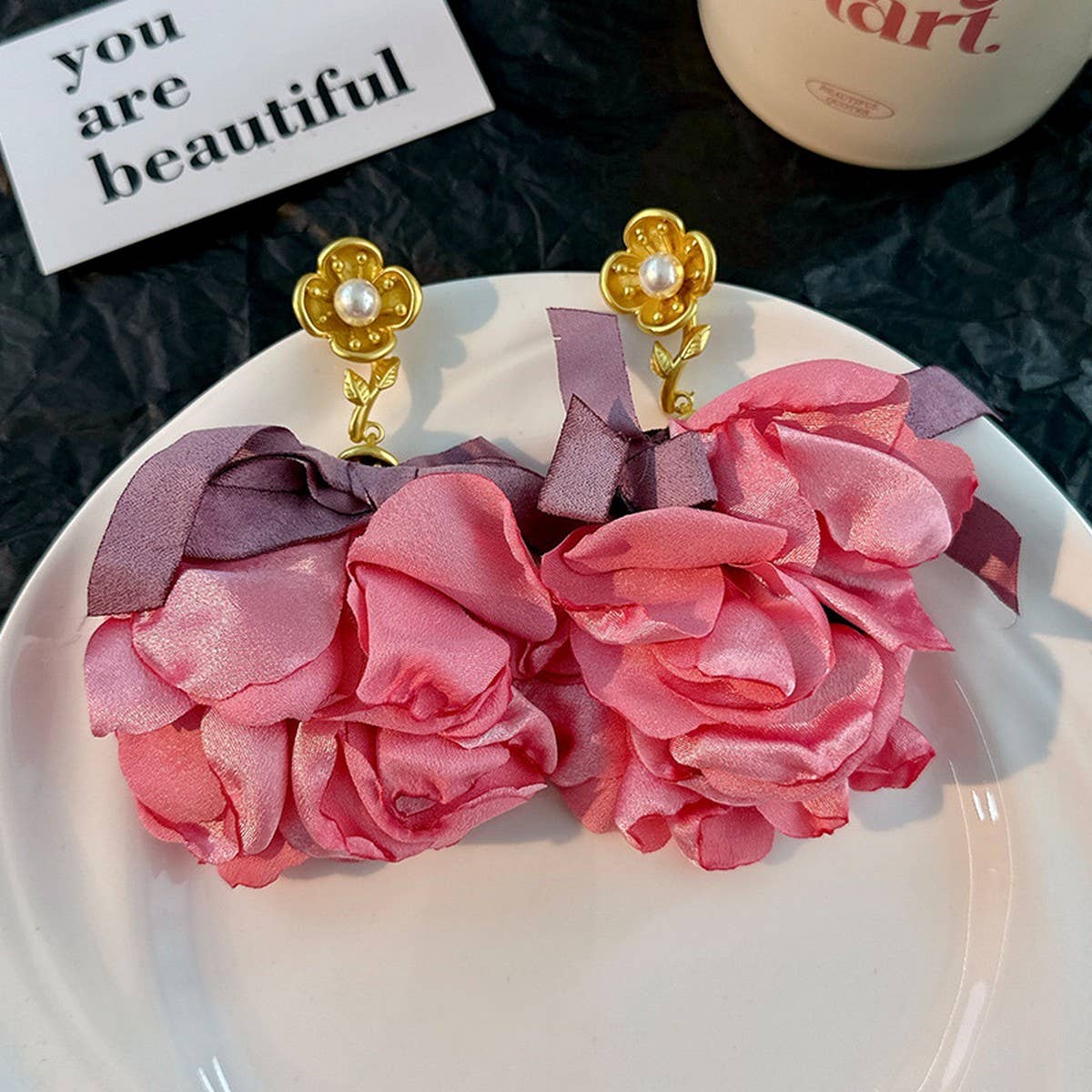 HANDMADE FABRIC FLOWER EARRINGS BOLD SPRING DESIGN_CWMM6180