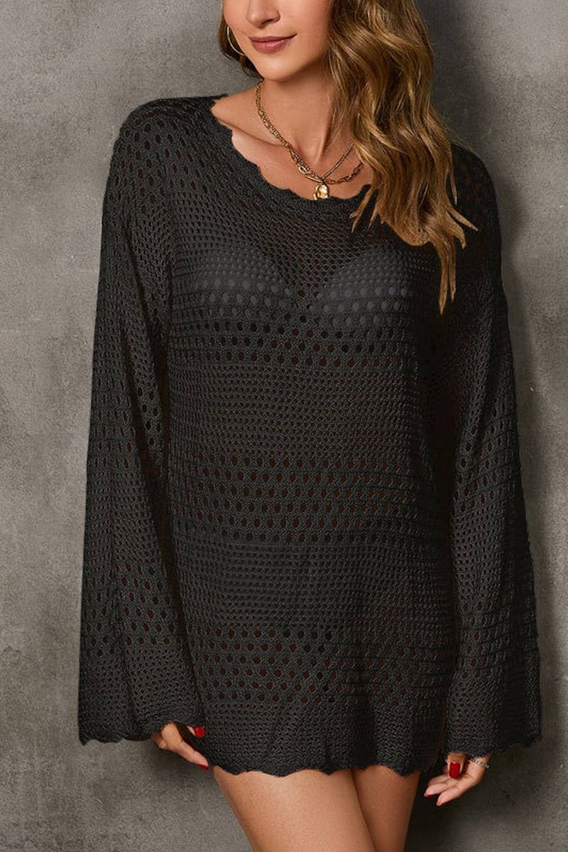 Cwtbll3657_Hollow Knit Cardigan Bell Sleeve Beach Dress