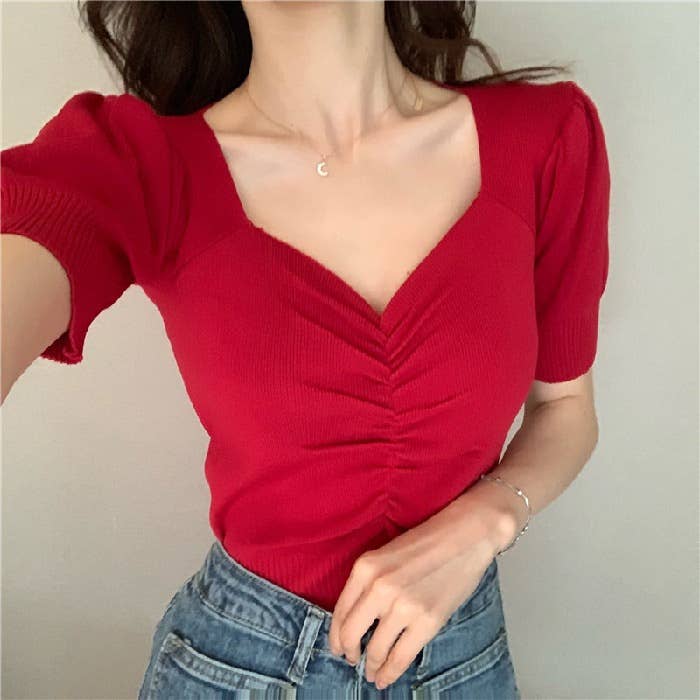 Vintage V-Neck Puffy Sleeve Knit Base T-Shirt