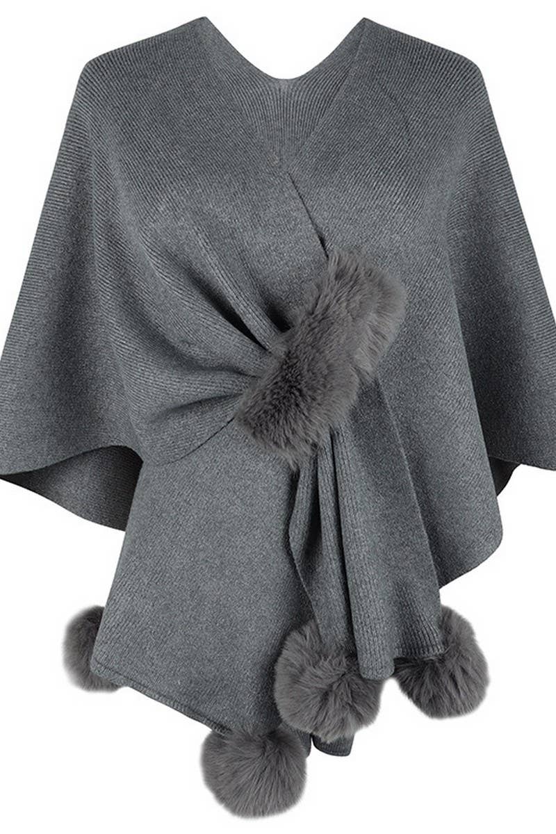 Cwocas0052_Solid Color Wool Ball Cape Knitted Shawl