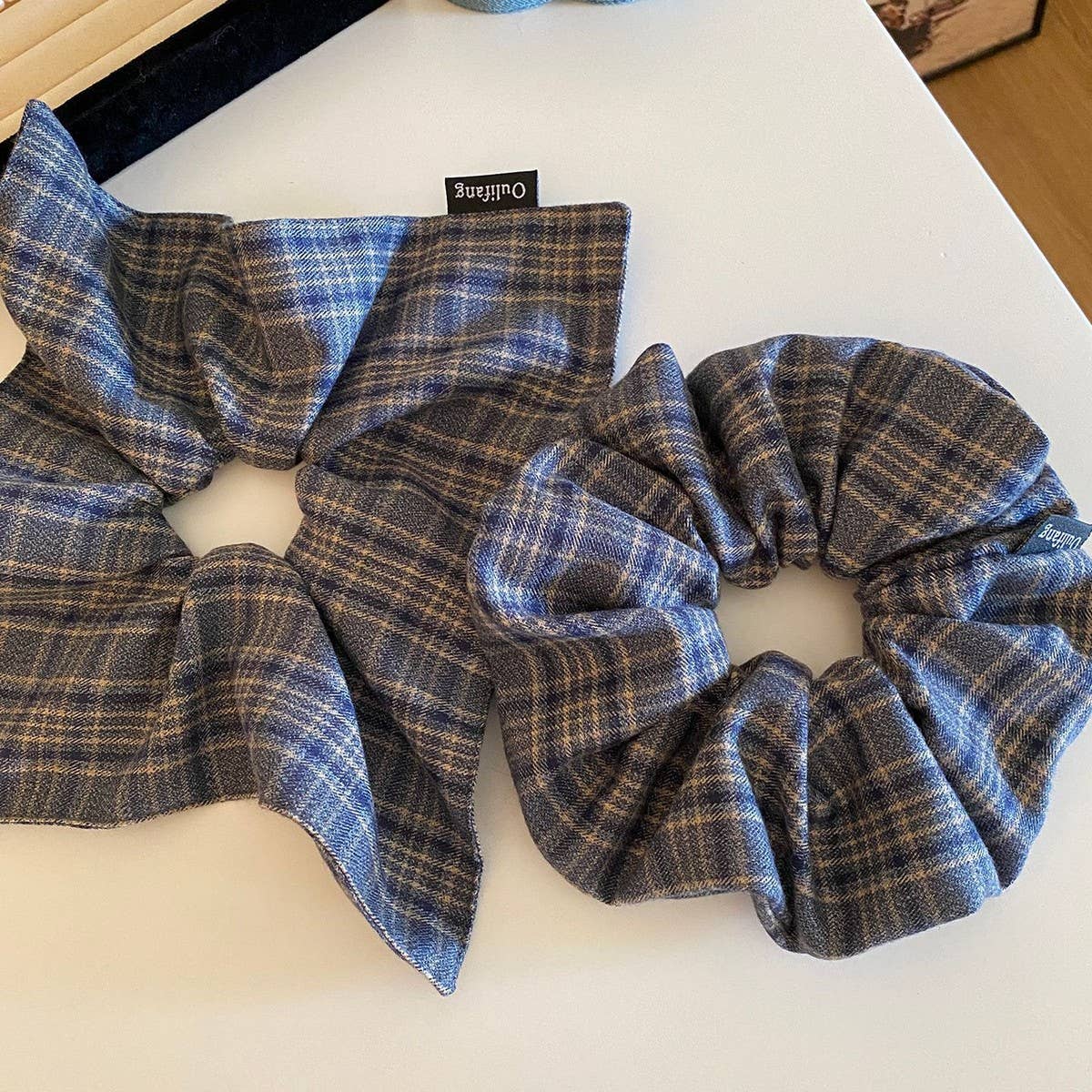 Blue Plaid Scrunchie Soft Gentle Fabric Tie_Cwaha08189