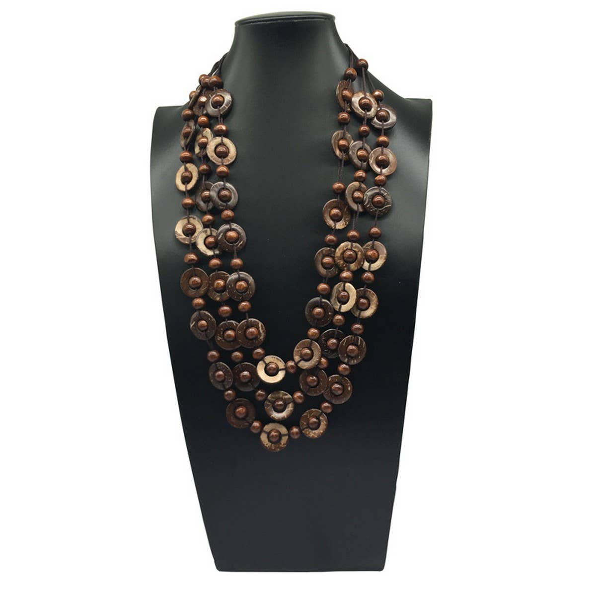 HAND WOVEN COCONUT SHELL WOOD ROUND BEAD NECKLACE_CWMM4555