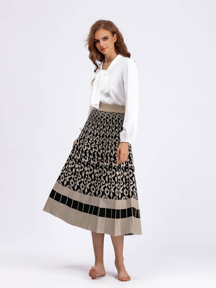 Vintage Leopard Print Contrast Knit Skirt