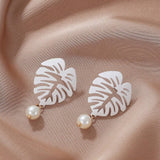 White Hollow Leaf Pearl Earrings