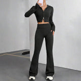 Zipper Hooded Top,Low-Waisted Flared Pants Set