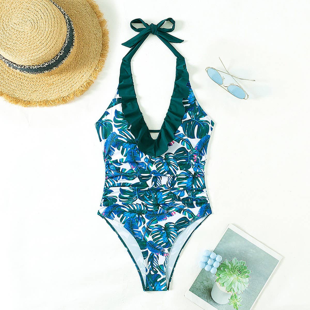 Womens Backless Ruffled One-Piece Swimsuit