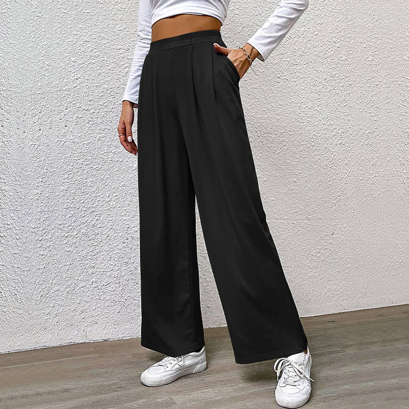 Solid Color Pit Stripe Casual Wide-Leg Pants