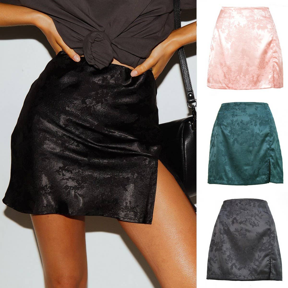 SLIT SHORT SKIRT SEXY JACQUARD SATIN ZIPPER SKIRT_CWAB4805