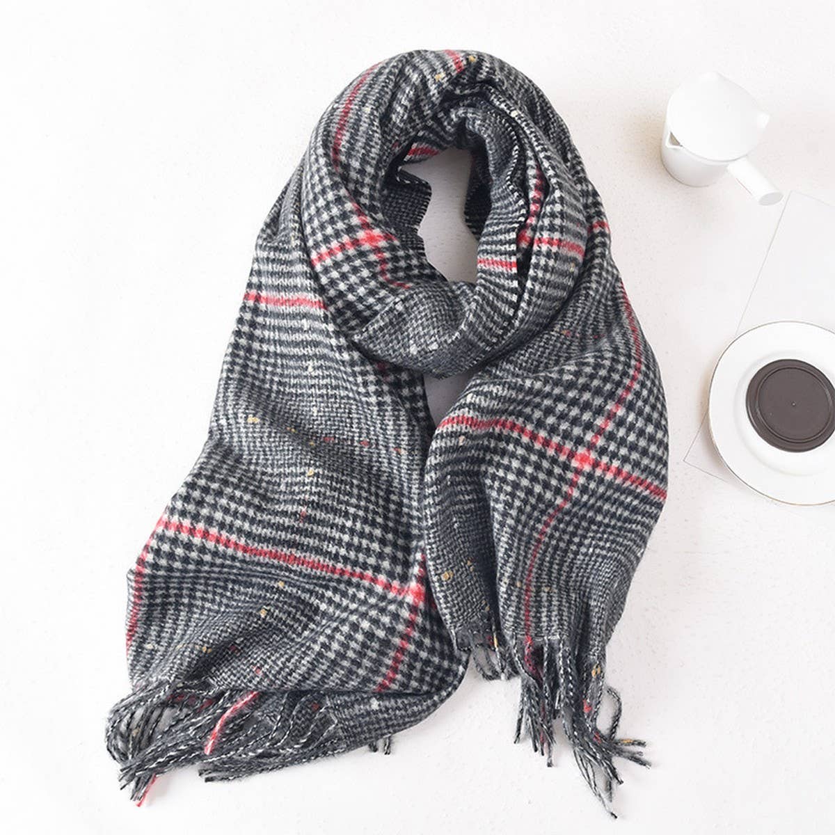 Women Color Matching Plaid Tassel Warm Scarf