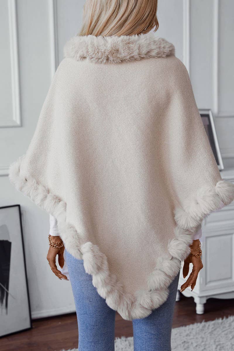 Cwocas0045_Thick Fur Collar Vintage Plaid Knitted Cape Shawl
