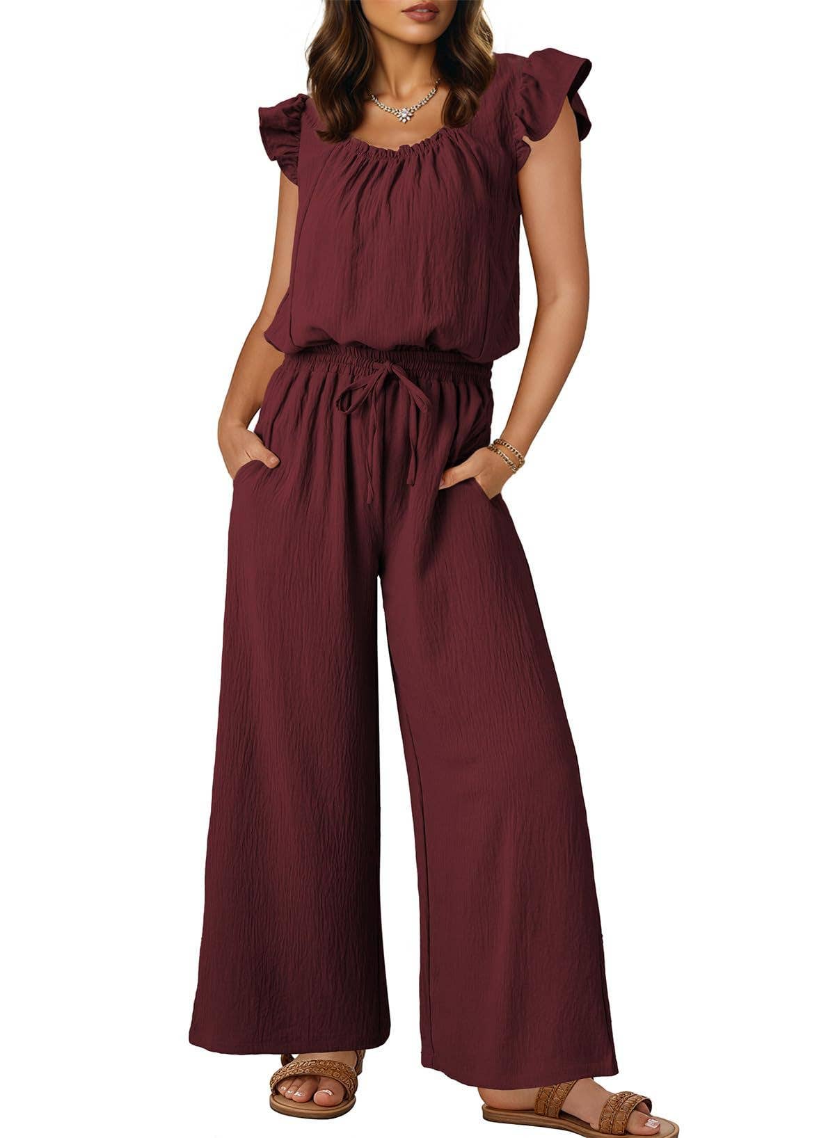 Womens Ruched Romper With Ruffle Sleeves