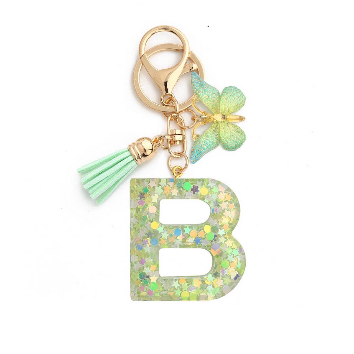 GREEN BUTTERFLY RESIN LETTER KEYCHAIN WITH GLITTER_CWAB5079