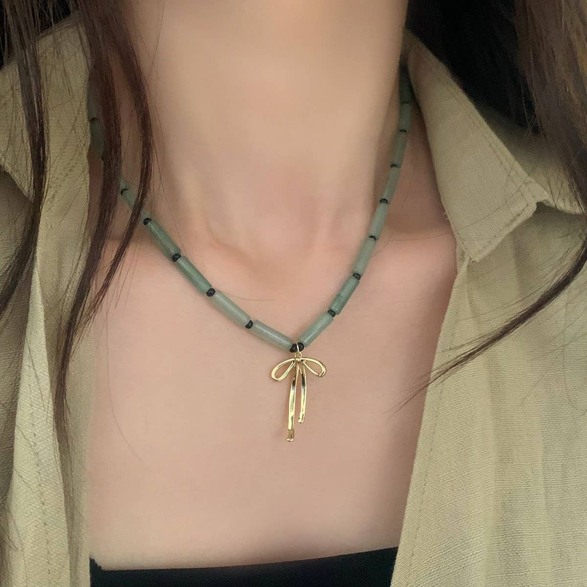 GREEN BAMBOO CHINESE STYLE NATURAL STONE NECKLACE_CWAJE3085
