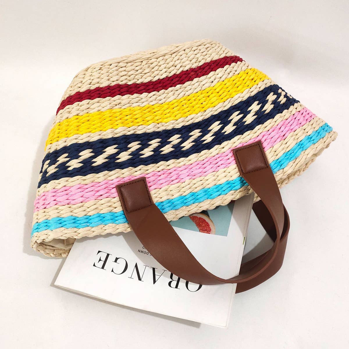 LARGE CAPACITY CONTRAST STRIPED WOVEN BAG_CWAB1973